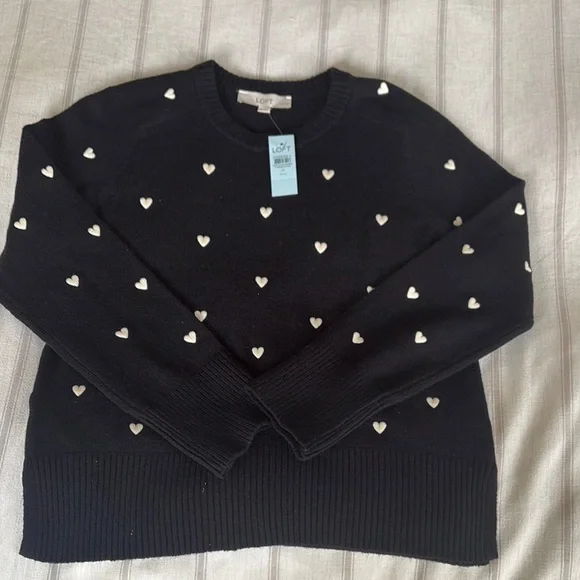 Loft sweater black/white hearts. NWT. Size Petite Medium. - Picture 1 of 4